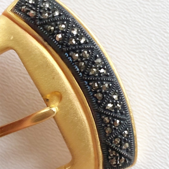 Vtg Judith Jack Gold Tone Buckle w/ Marcasites Black Leather Belt Lizard Sz Sm - Picture 6 of 14